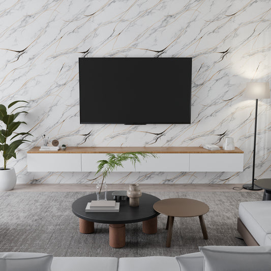 Panneau Mural - Blanc Trait Or - Effet Marbre - 250x120x0.3CM