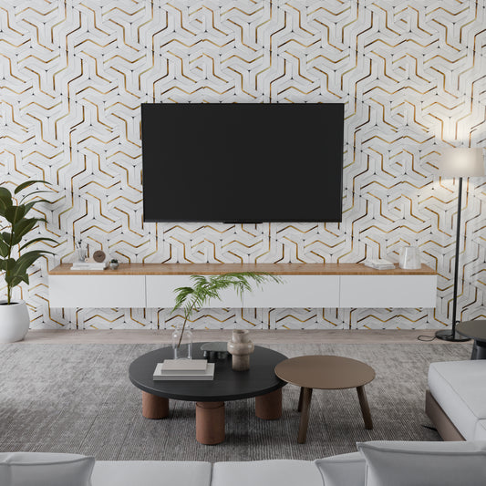 Panneau Mural - Blanc Or Hexagon - Effet Marbre - 250x120x0.3CM