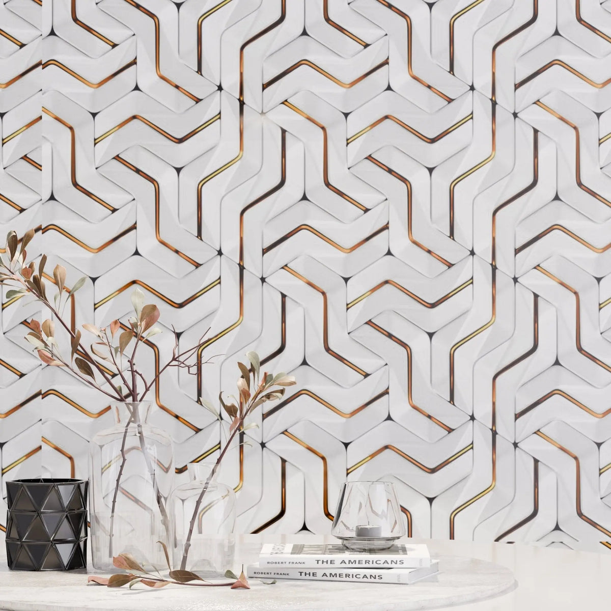 Panneau Mural - Blanc Or Hexagon - Effet Marbre - 250x120x0.3CM - MPDiscount