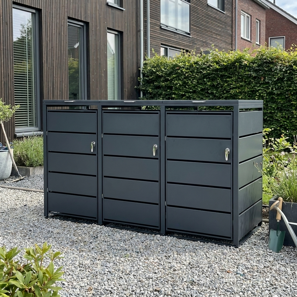 Abri Cache-Poubelle - 3 x 240L - Structure Métal - Couleur Noir