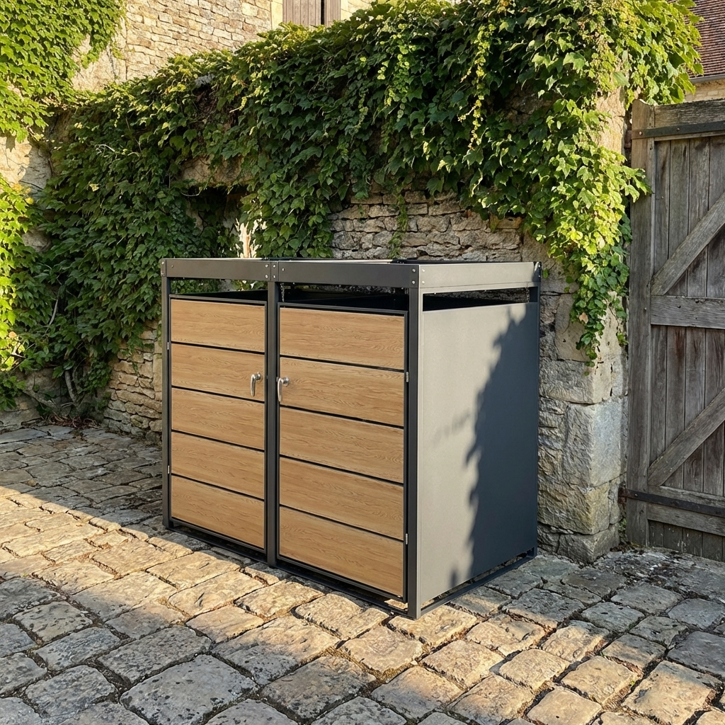 Abri Cache-Poubelle - 2 x 240L - Structure Métal - Couleur Chêne