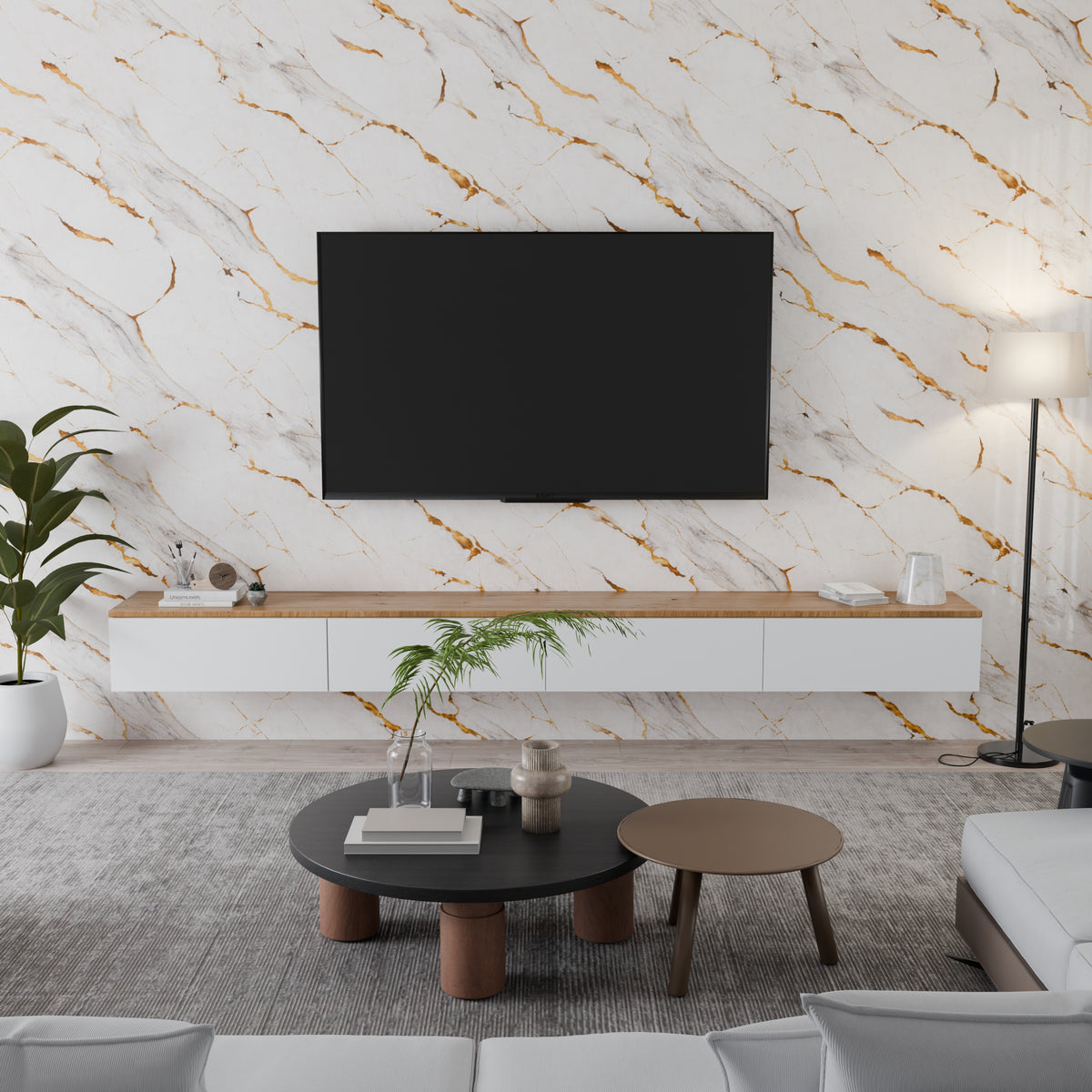 Panneau Mural - Blanc Or 2 - Effet Marbre - 250x120x0.3CM
