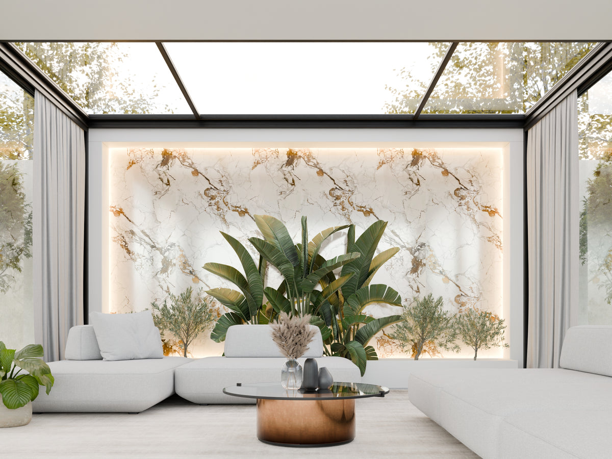 Panneau PVC - Effet Marbre Blanc Doré - 250 x 120 cm – 100% Imperméable - 15 ans Garantie