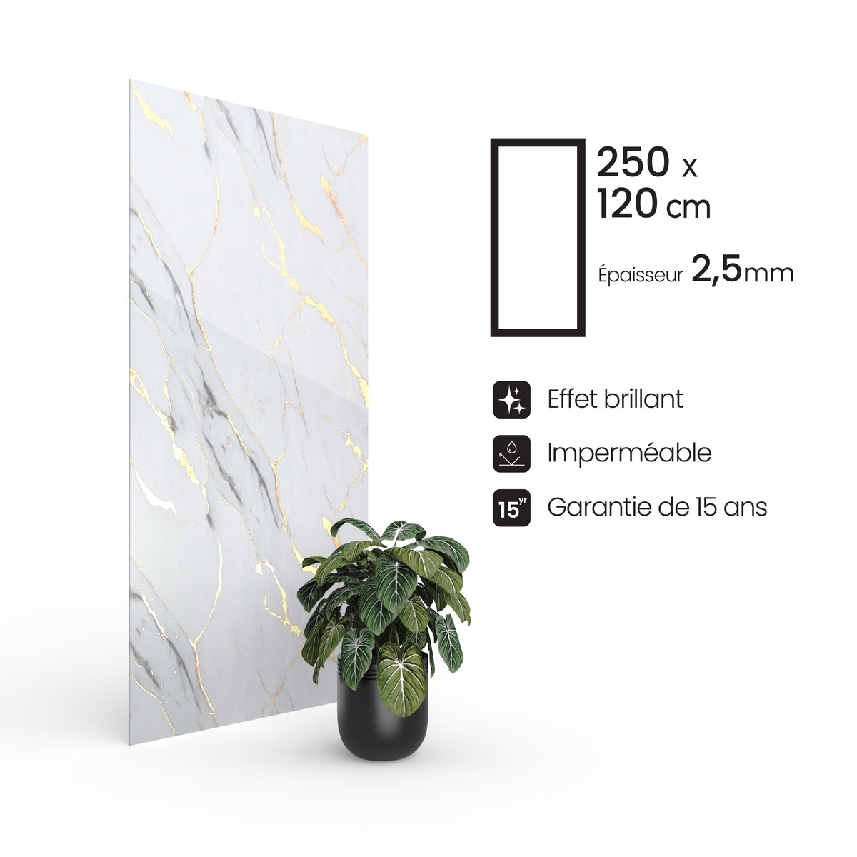 Panneau PVC - Effet Marbre Blanc Gris - 250 x 120 cm – 100% Imperméable - 15 ans Garantie