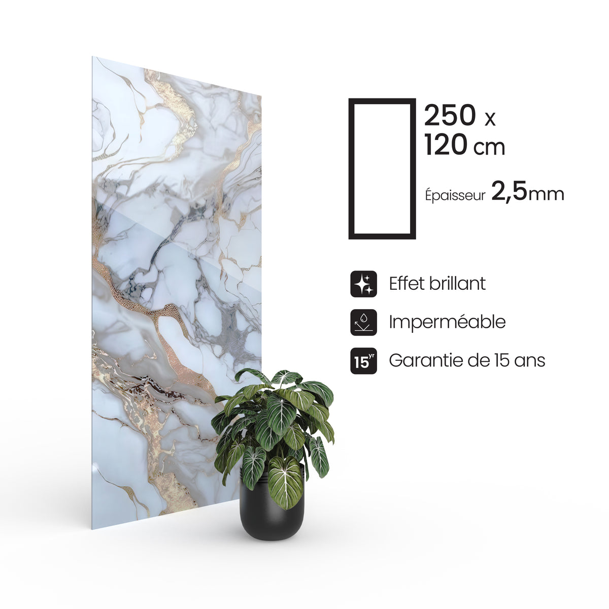 Panneau PVC - Effet Marbre Doré - 250 x 120 cm – 100% Imperméable - 15 ans Garantie
