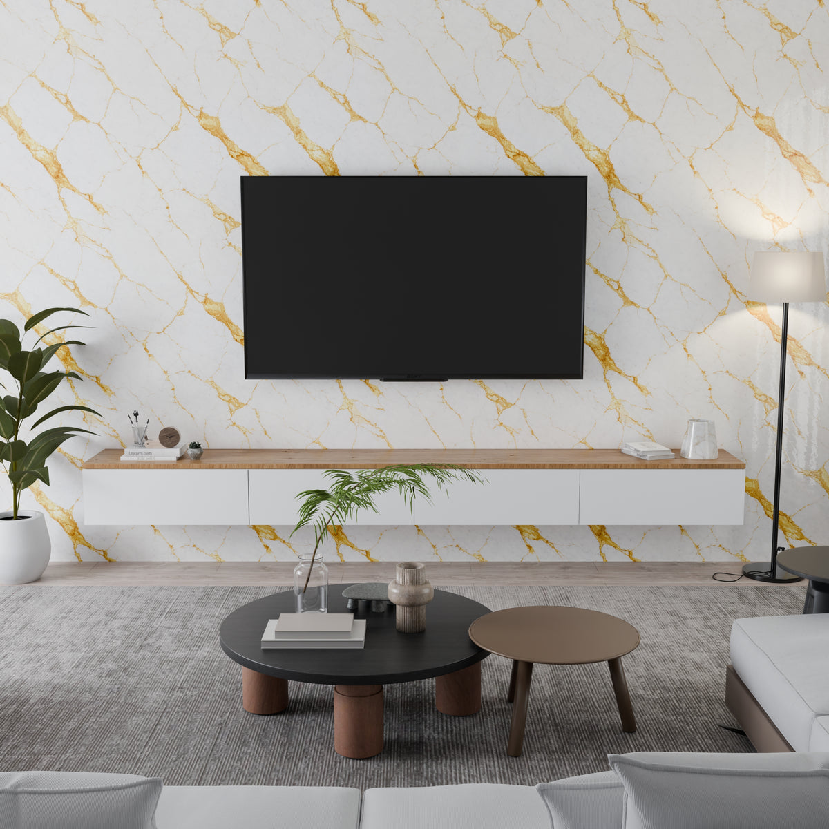 Panneau mural - Blanc Or - Effet Marbre - 250x120x0.3CM