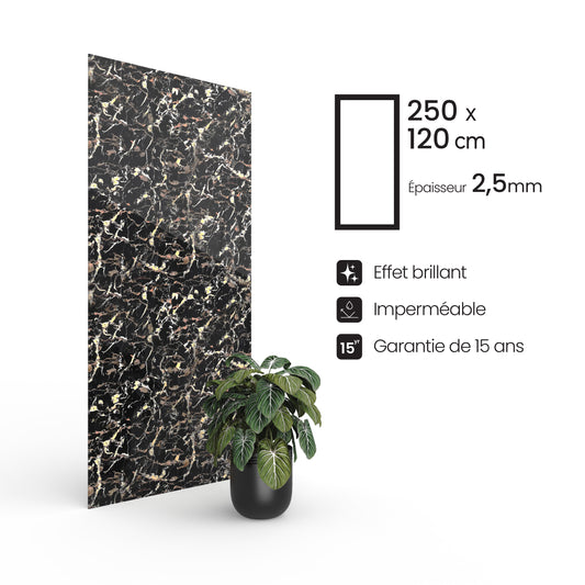 Panneau PVC - Effet Marbre Noir Doré - 250 x 120 cm – 100% Imperméable - 15 ans Garantie