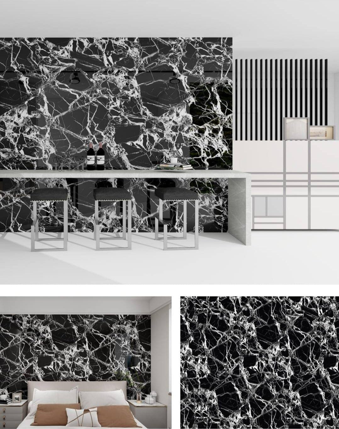 Panneau mural – Noir – Effet Marbre – 250x120x0.3CM
