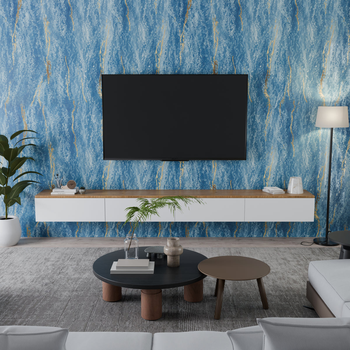 Panneau mural - Bleu Or - Effet Marbre - 250x120x0.3CM