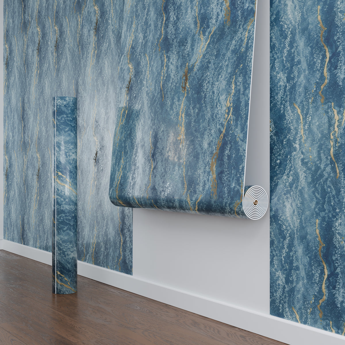 Panneau mural - Bleu Or - Effet Marbre - 250x120x0.3CM
