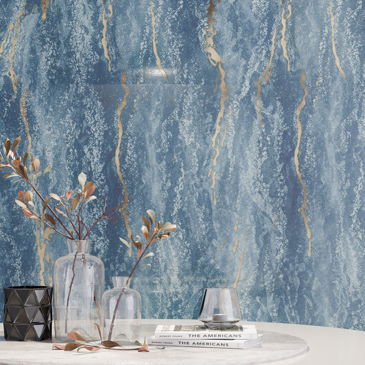 Panneau mural - Bleu Or - Effet Marbre - 250x120x0.3CM