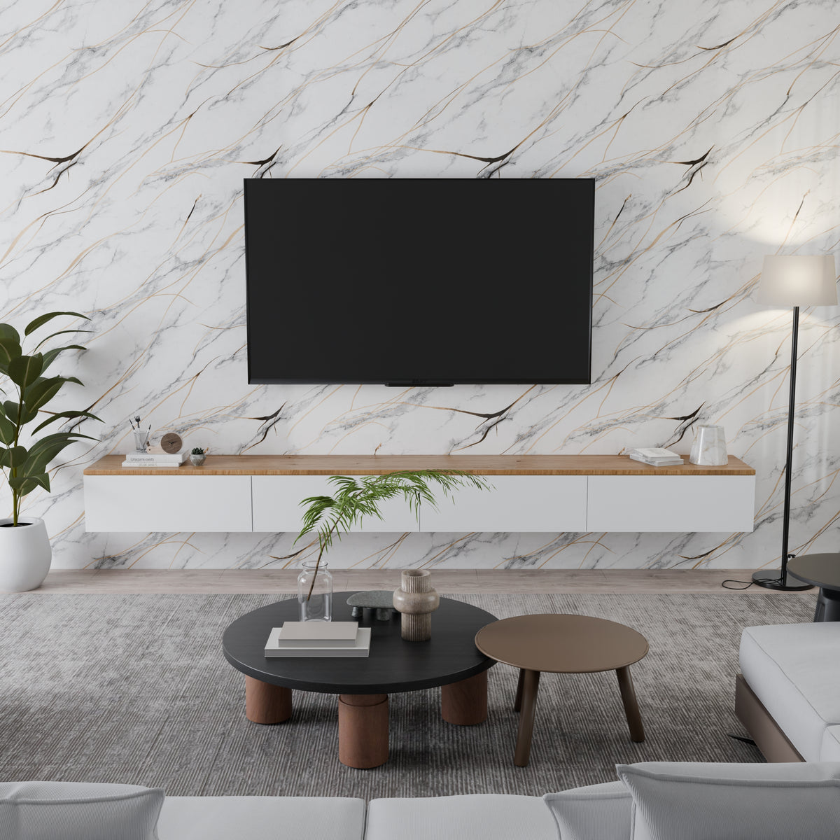 Panneau Mural - Blanc Trait Or - Effet Marbre - 250x120x0.3CM