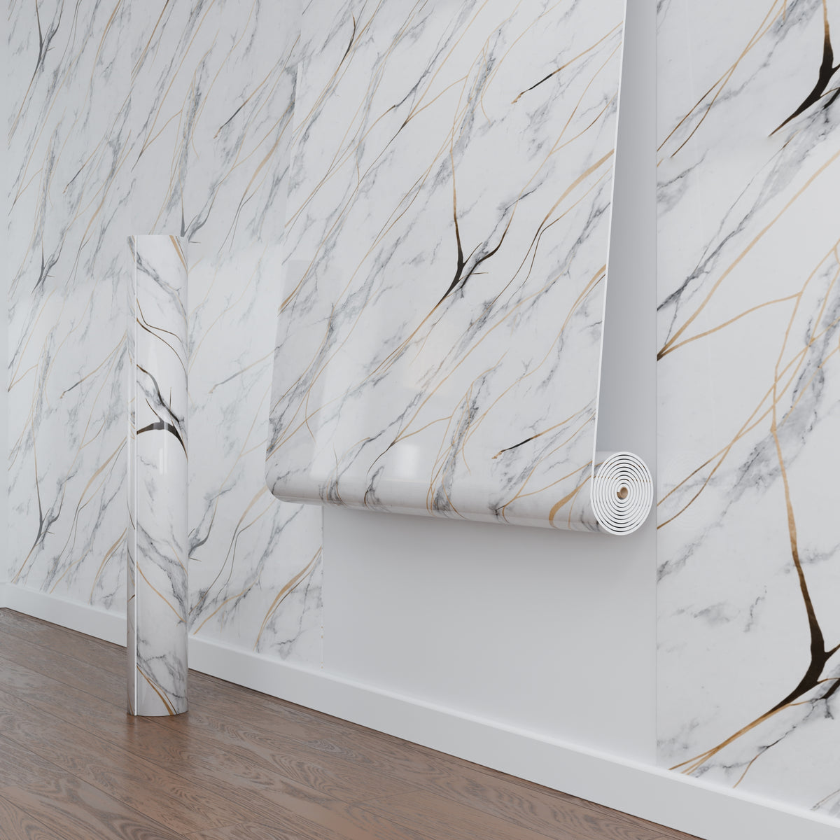 Panneau Mural - Blanc Trait Or - Effet Marbre - 250x120x0.3CM