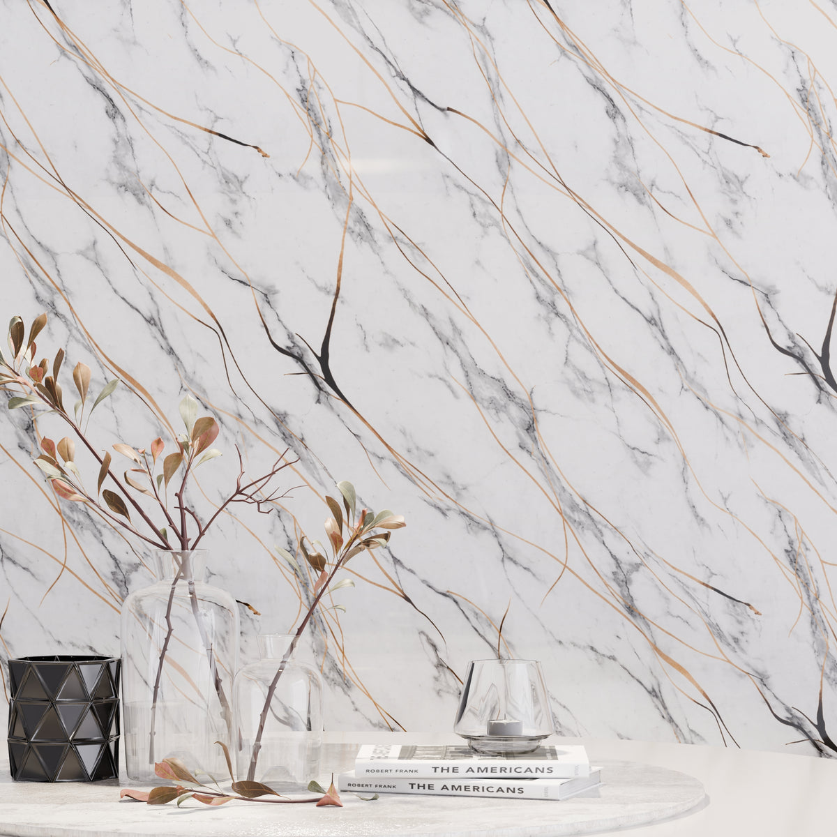 Panneau Mural - Blanc Trait Or - Effet Marbre - 250x120x0.3CM