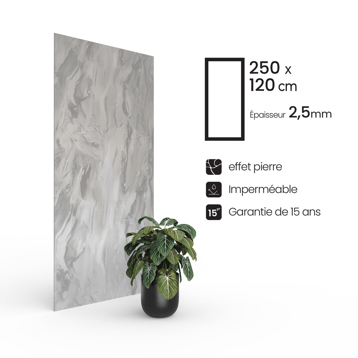 Panneau PVC - Effet Pierre Gris - 250 x 120 cm – 100% Imperméable - 15 ans Garantie