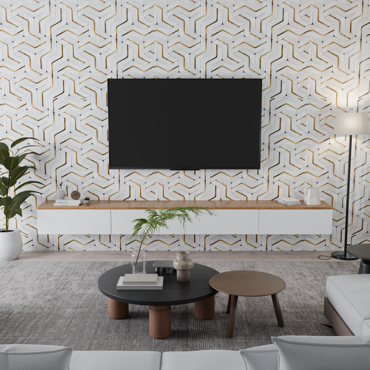 Panneau Mural - Blanc Or Hexagon - Effet Marbre - 250x120x0.3CM