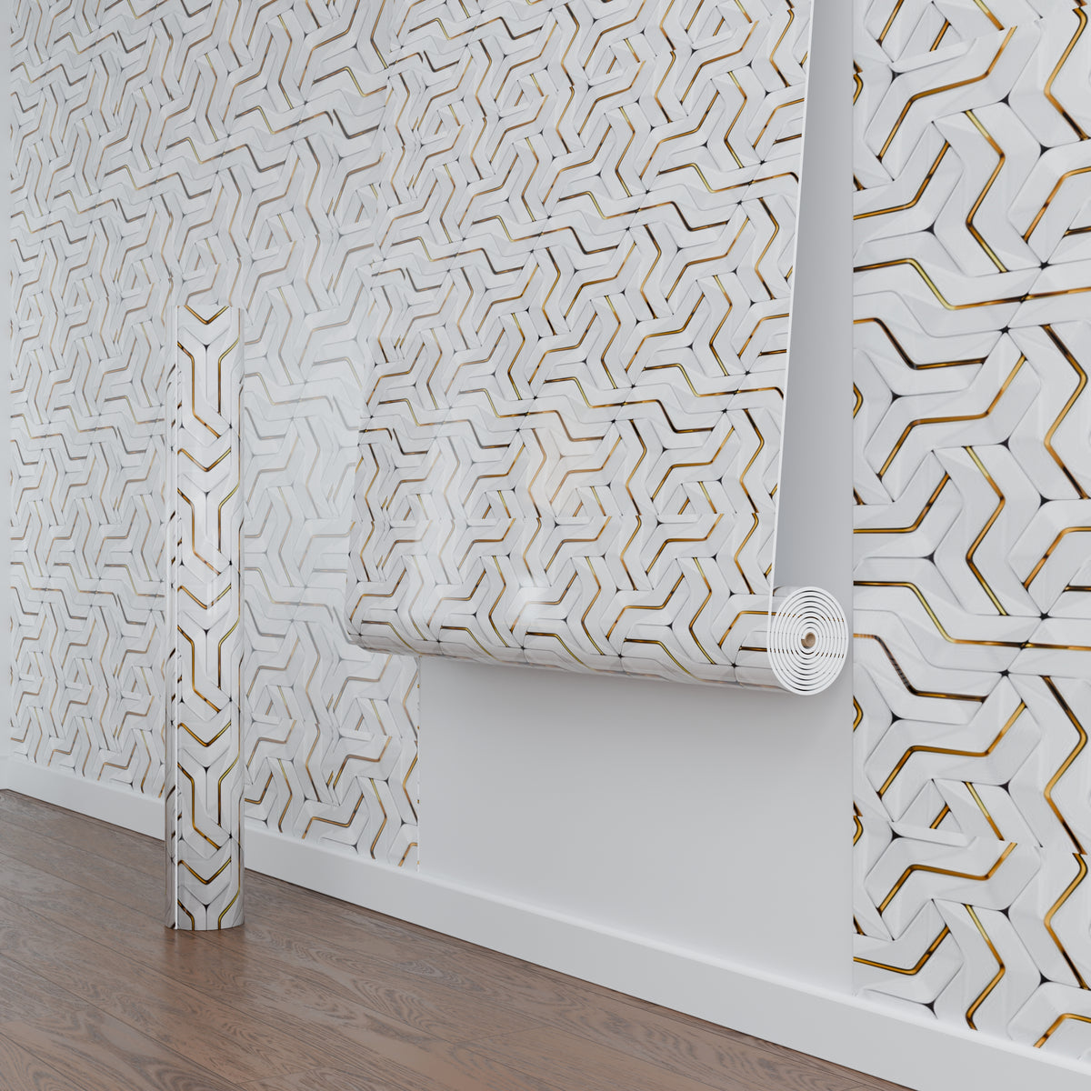 Panneau Mural - Blanc Or Hexagon - Effet Marbre - 250x120x0.3CM