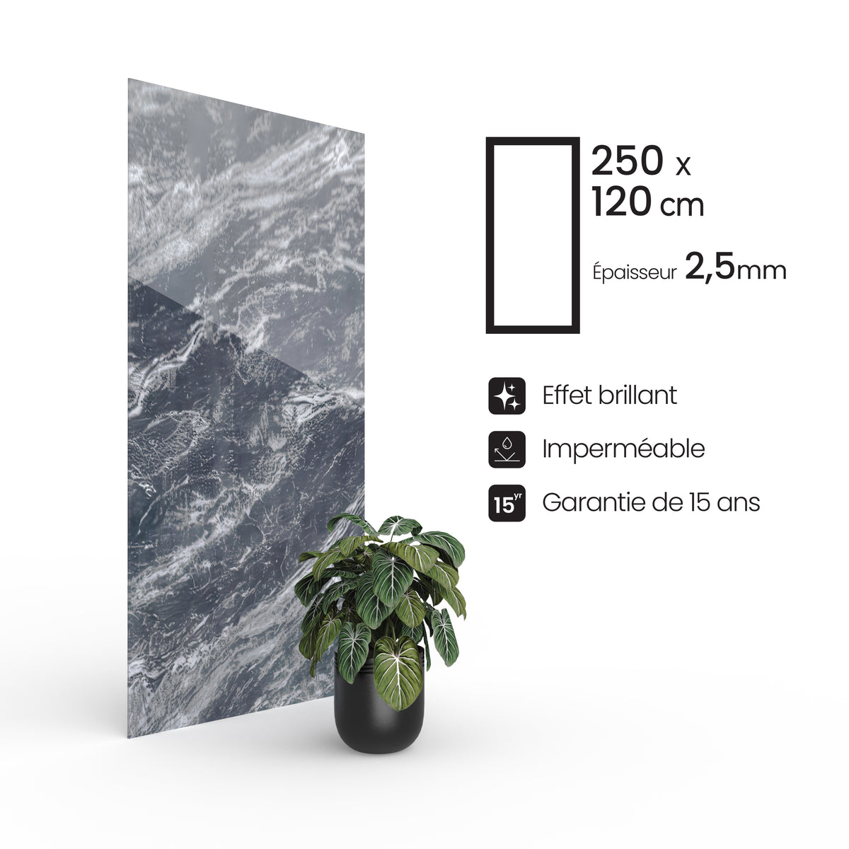 Panneau PVC - Effet Marbre Noir - 250 x 120 cm – 100% Imperméable - 15 ans Garantie