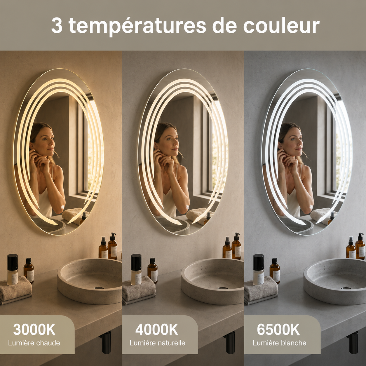 Miroir LED Mural Ovale 69×99 cm — Anneaux Lumineux Intégrés — 3 Températures Tactile — Cadre Alumini