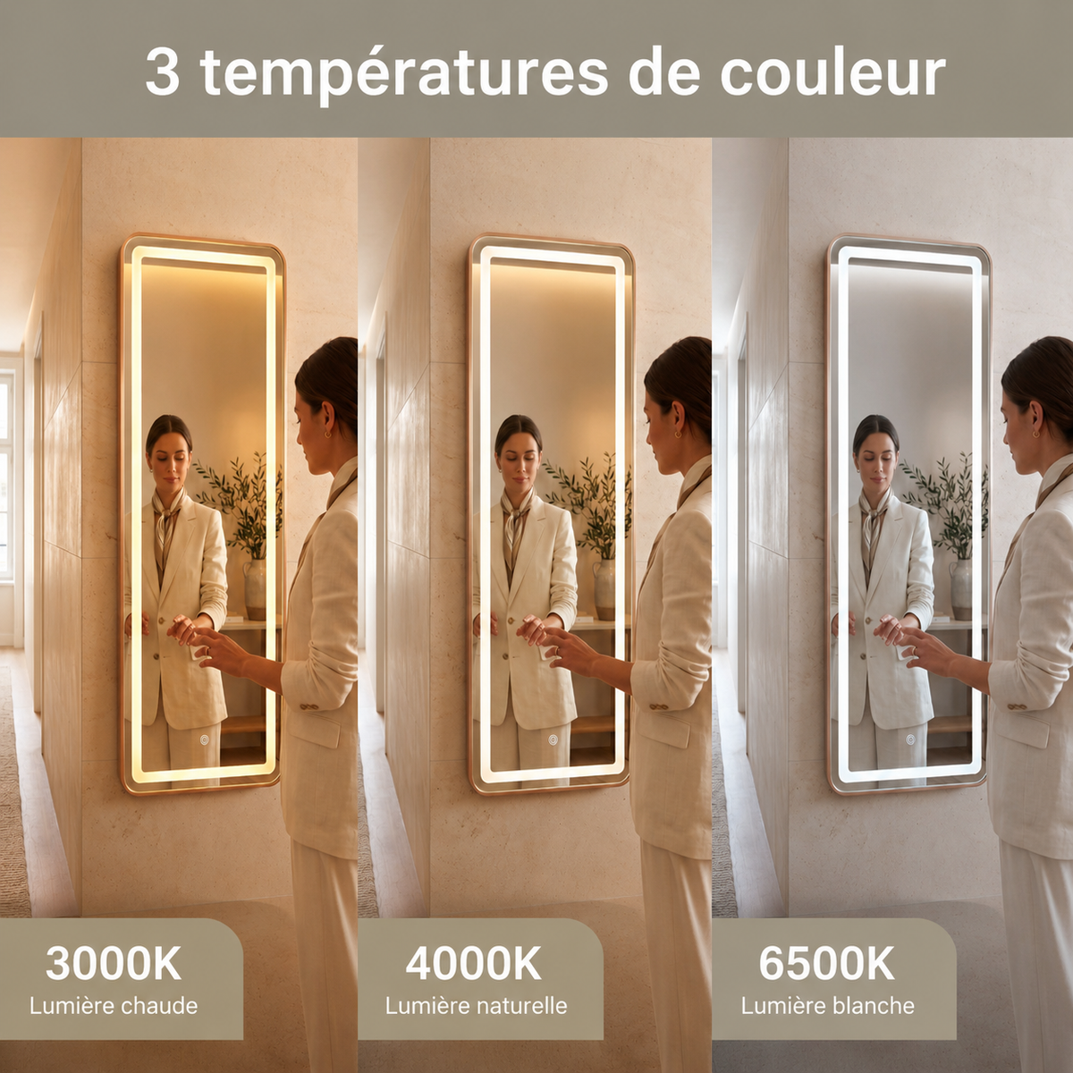 Miroir LED Mural Pleine Longueur 160×59 cm — 3 Températures Tactile — Cadre Bronze