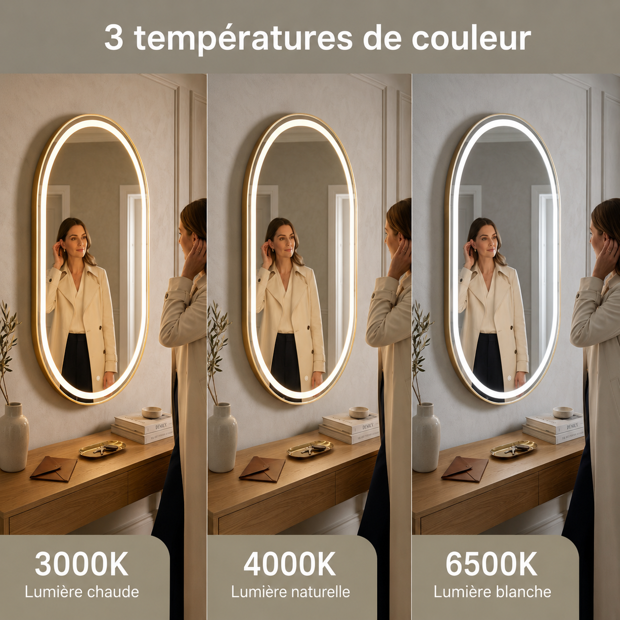 Miroir LED Mural Ovale 129×89 cm — Cadre Aluminium Bronze — 3 Températures Tactile — Style Contempor