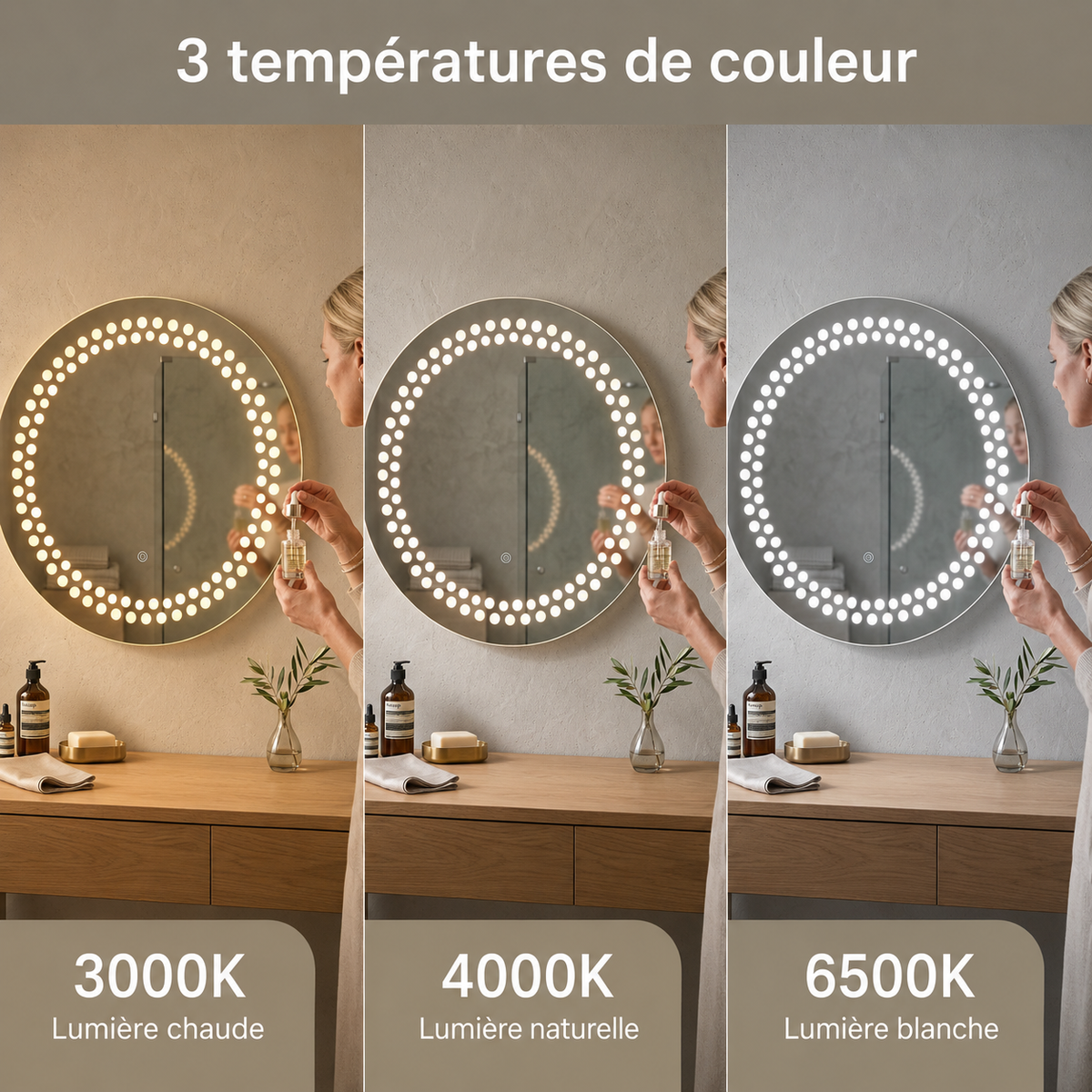 Miroir LED Mural Rond 89 cm — Motif Points Lumineux — 3 Températures Tactile — Cadre Aluminium Noir 