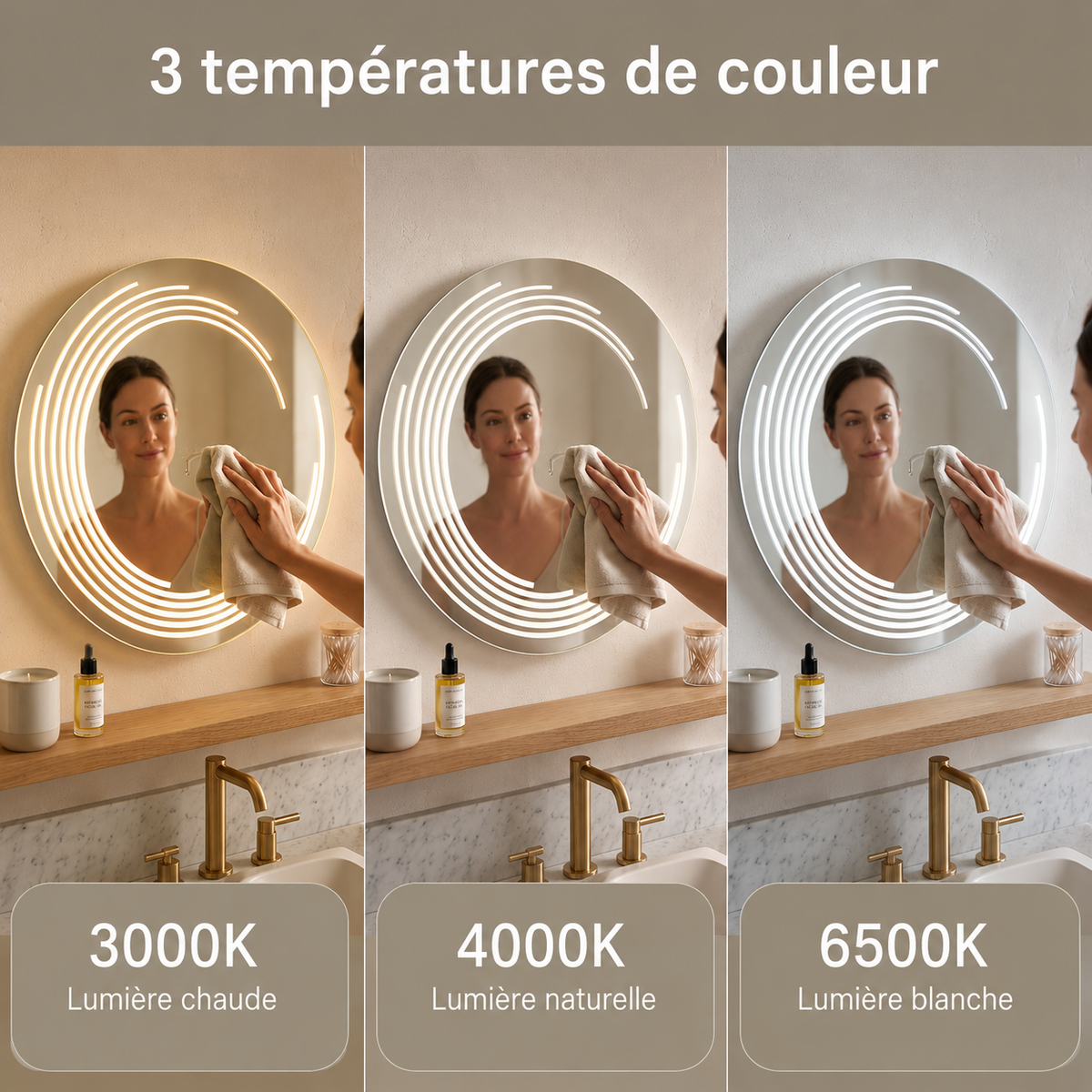 Miroir LED Mural Rond 89 cm — Bandes Vagues Gravées — 3 Températures Tactile — Cadre Aluminium Noir
