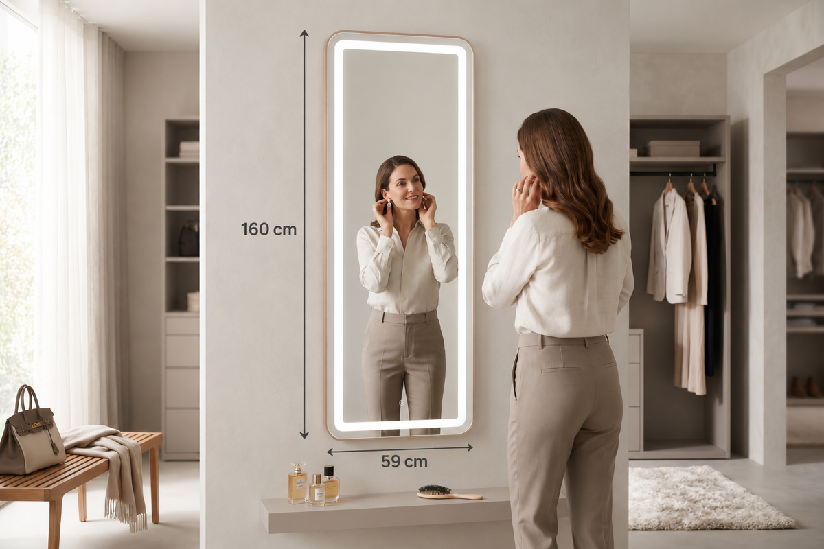 Miroir LED Mural Pleine Longueur 160×59 cm — 3 Températures Tactile — Cadre Bronze