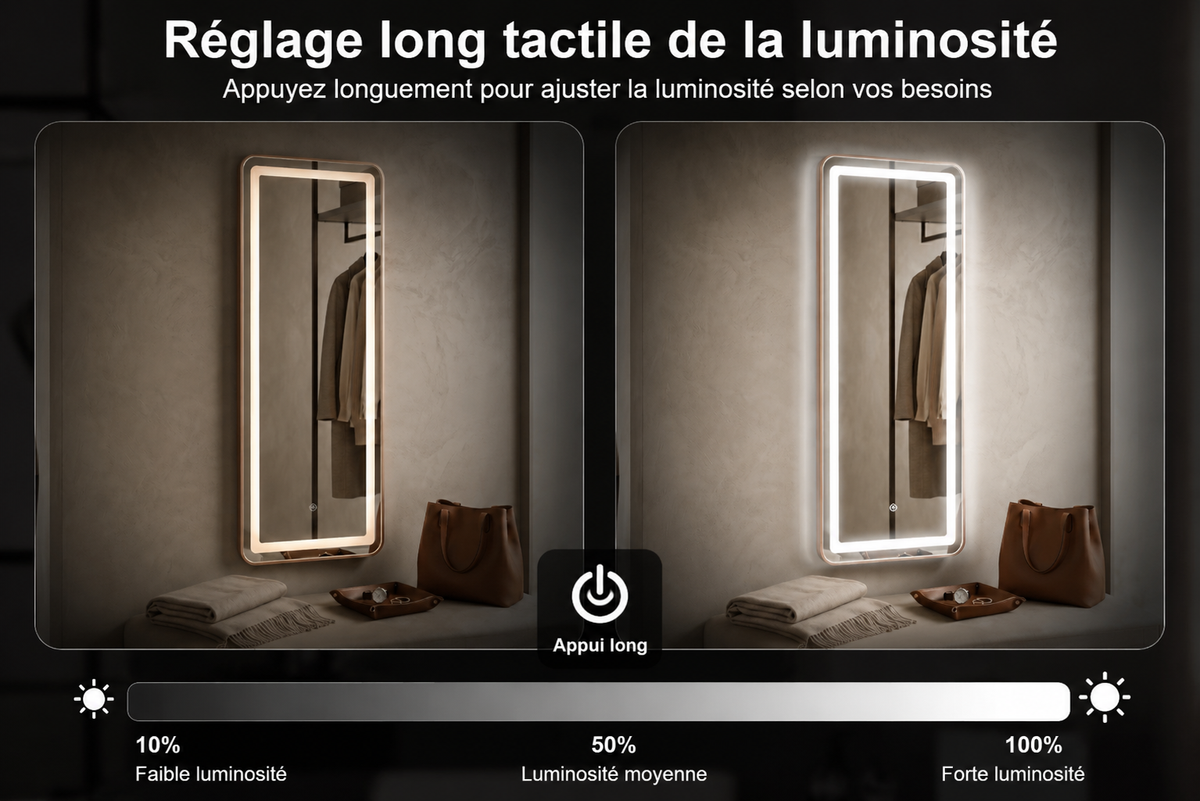 Miroir LED Mural Pleine Longueur 160×59 cm — 3 Températures Tactile — Cadre Bronze