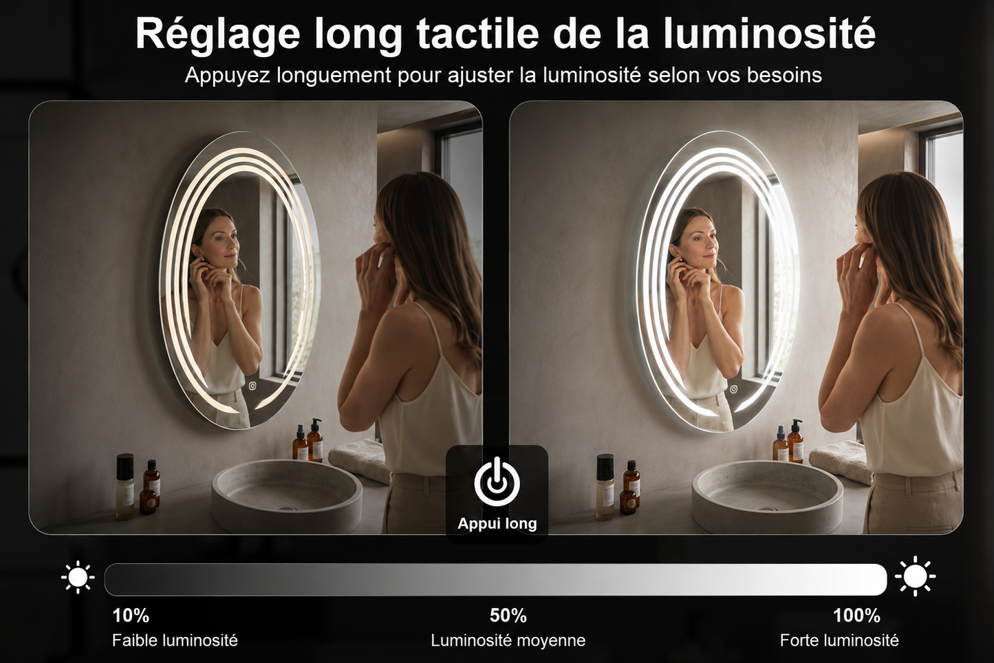 Miroir LED Mural Ovale 69×99 cm — Anneaux Lumineux Intégrés — 3 Températures Tactile — Cadre Alumini