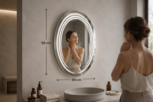 Miroir LED Mural Ovale 69×99 cm — Anneaux Lumineux Intégrés — 3 Températures Tactile — Cadre Alumini