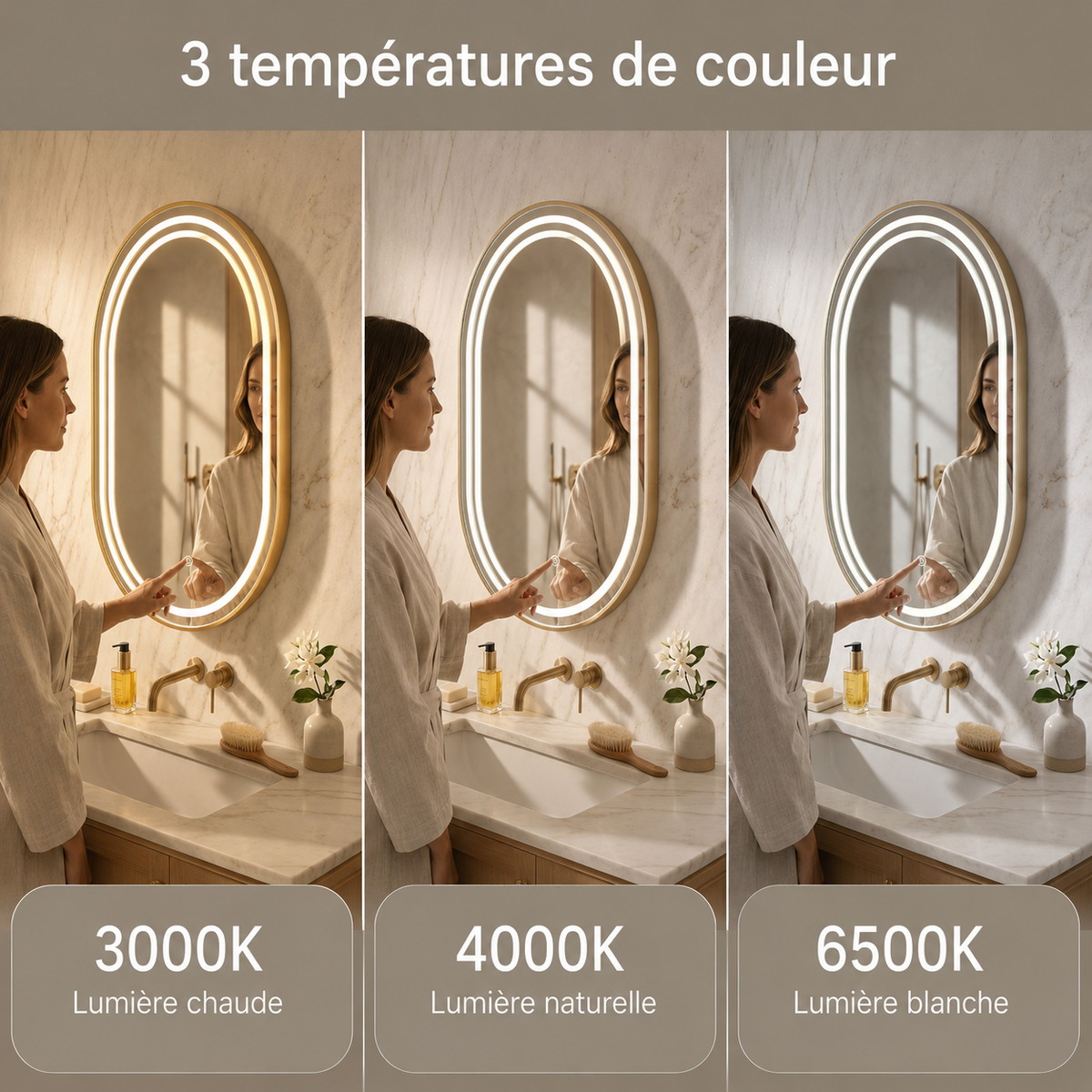 Miroir LED Mural Ovale 69×99 cm — Cadre Aluminium Bronze — 3 Températures Tactile — Design Intempore