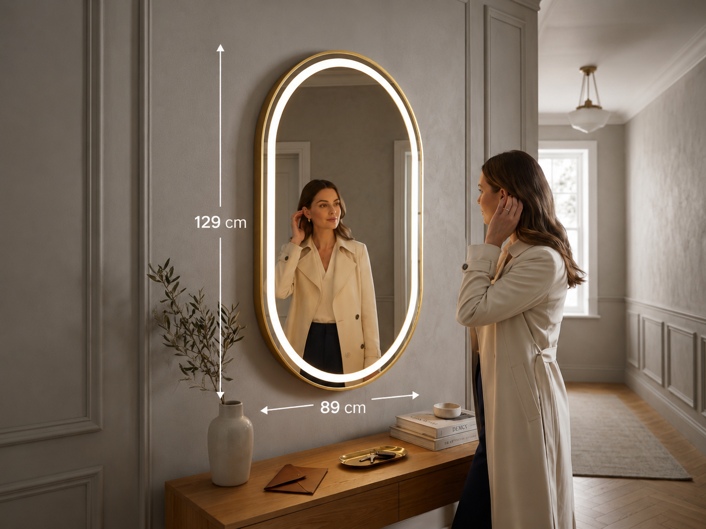 Miroir LED Mural Ovale 129×89 cm — Cadre Aluminium Bronze — 3 Températures Tactile — Style Contempor