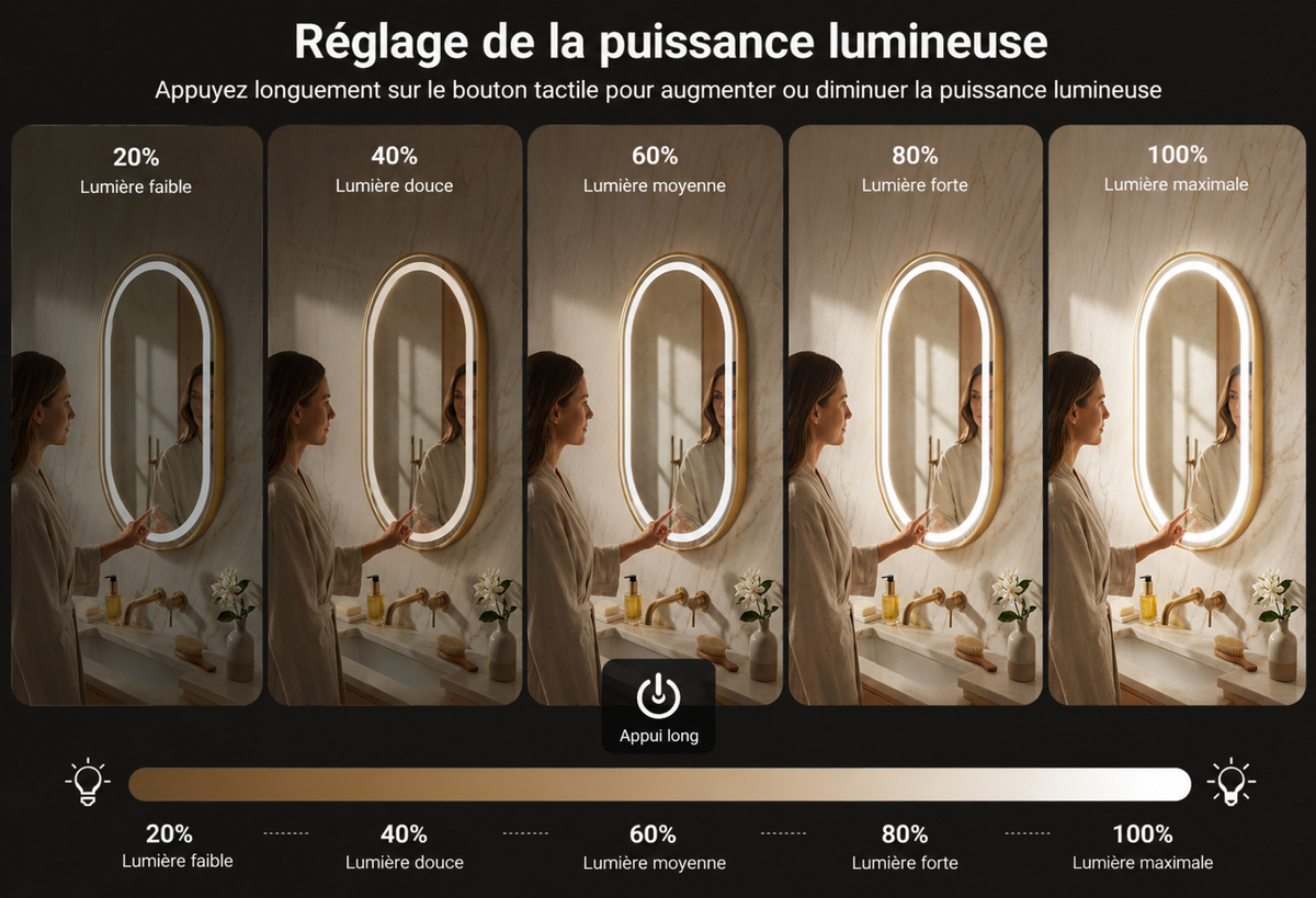 Miroir LED Mural Ovale 69×99 cm — Cadre Aluminium Bronze — 3 Températures Tactile — Design Intempore