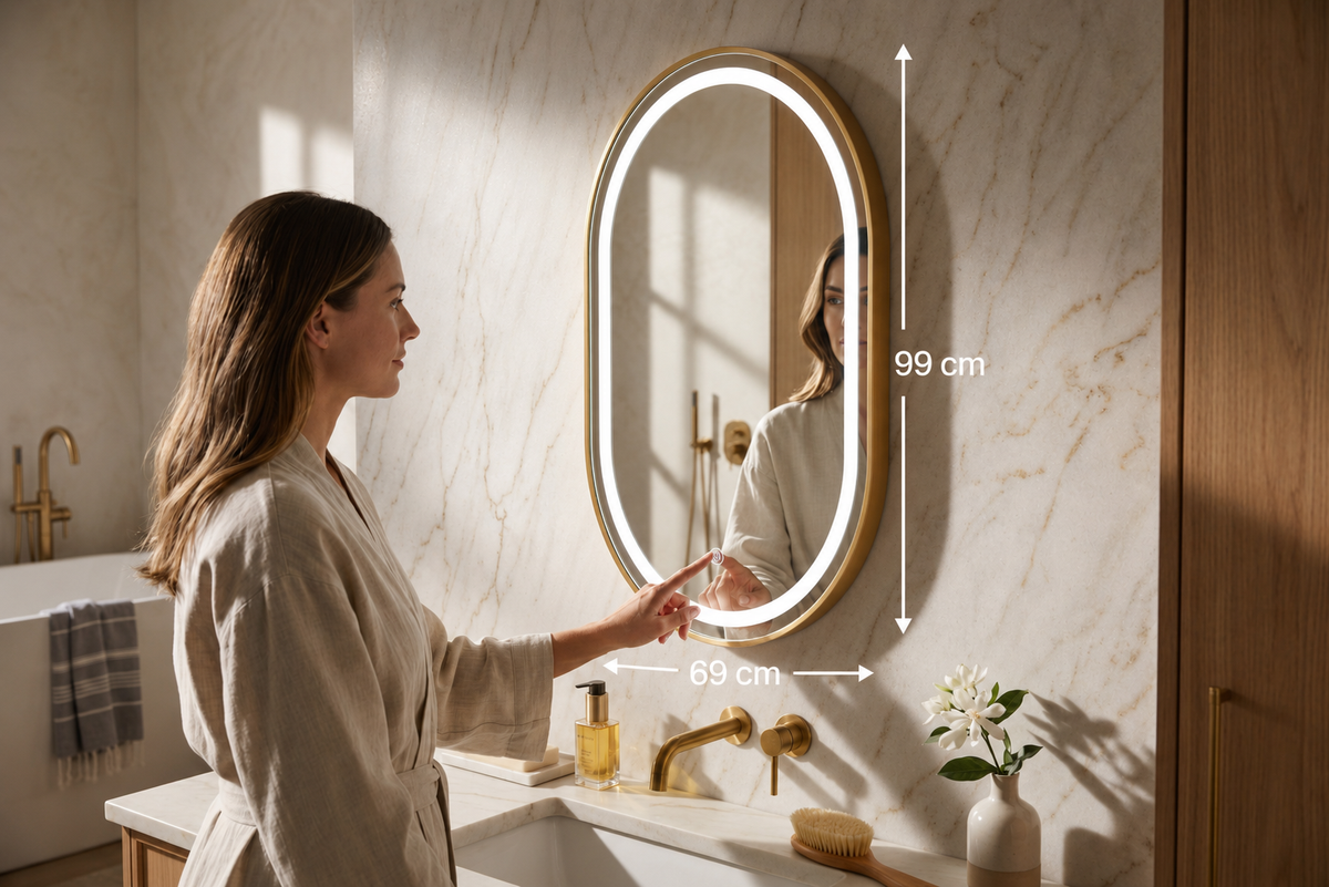 Miroir LED Mural Ovale 69×99 cm — Cadre Aluminium Bronze — 3 Températures Tactile — Design Intempore