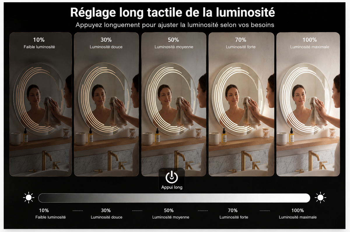 Miroir LED Mural Rond 89 cm — Bandes Vagues Gravées — 3 Températures Tactile — Cadre Aluminium Noir
