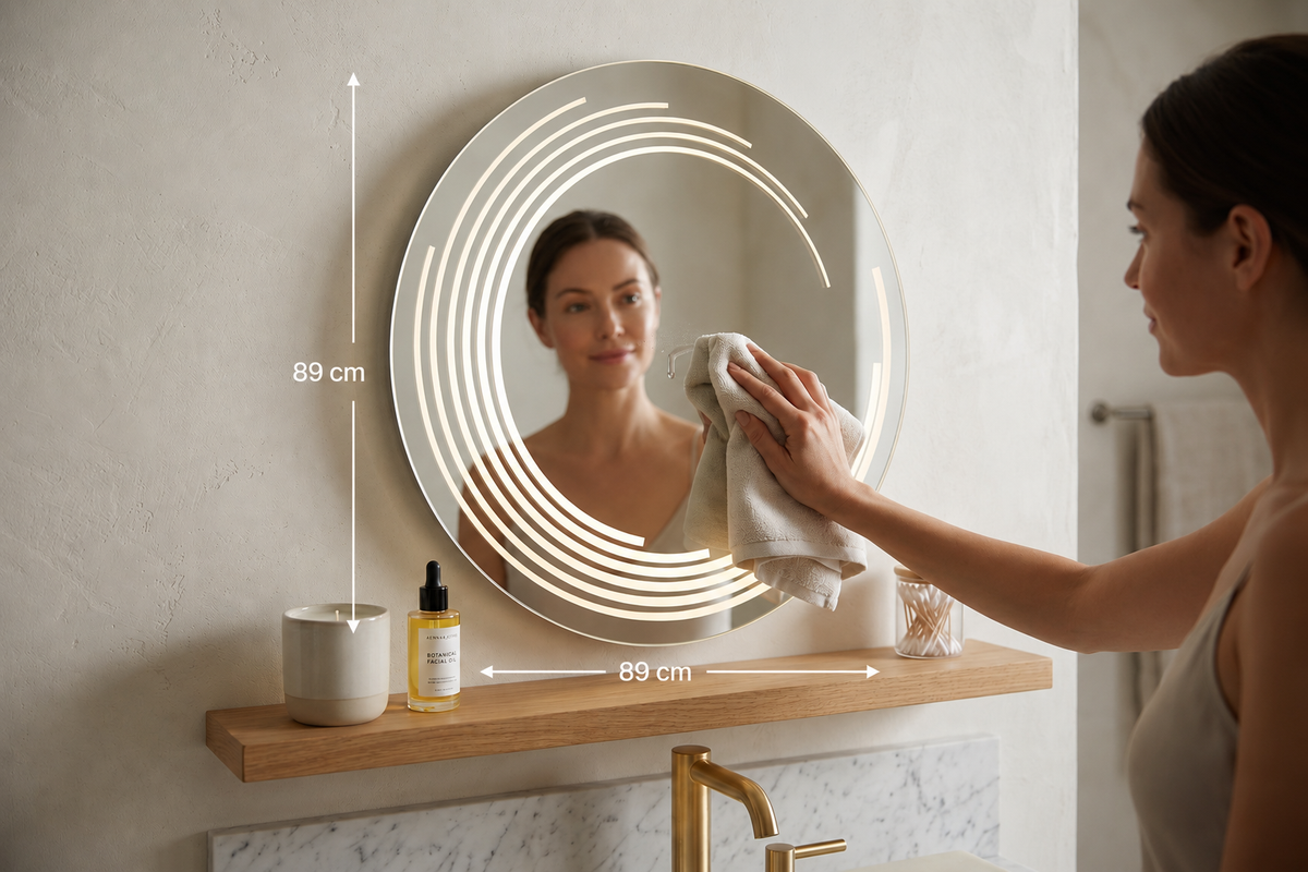 Miroir LED Mural Rond 89 cm — Bandes Vagues Gravées — 3 Températures Tactile — Cadre Aluminium Noir