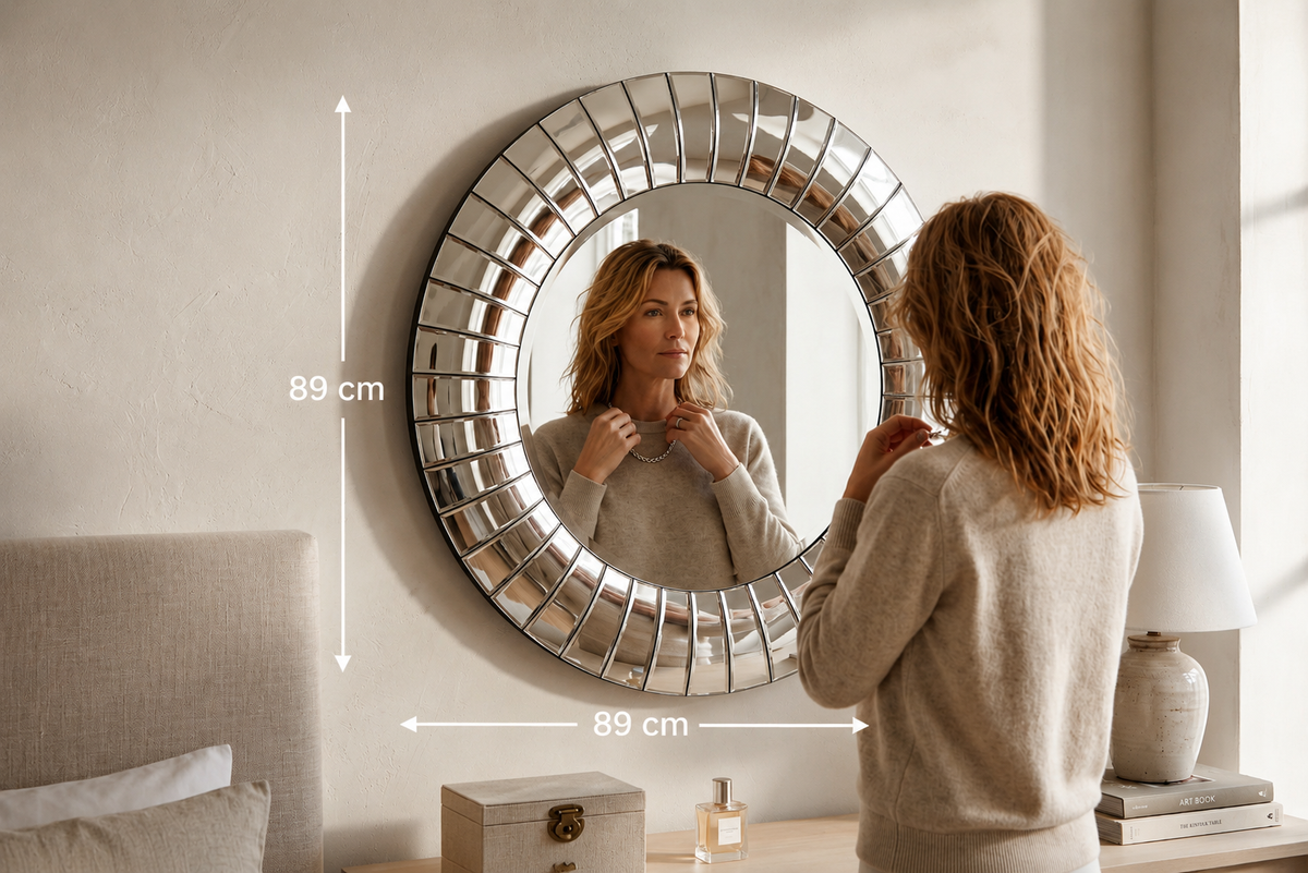 Miroir Mural Rond 89 cm — Bordure Mosaïque Miroir — Effet Glamour