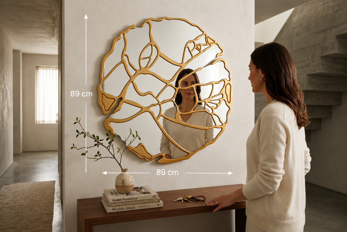 Miroir Mural Rond 89 cm — Cadre Bois Doré Motif Floral — Design Luxe