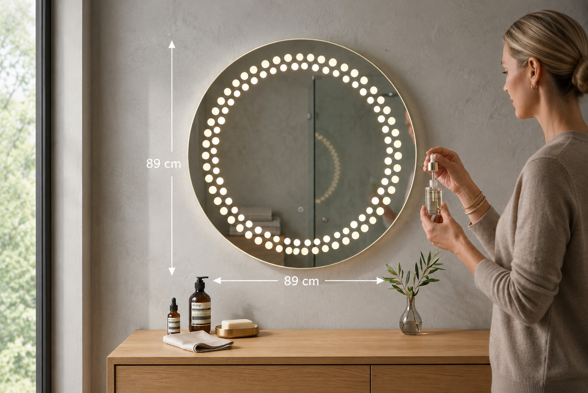 Miroir LED Mural Rond 89 cm — Motif Points Lumineux — 3 Températures Tactile — Cadre Aluminium Noir 