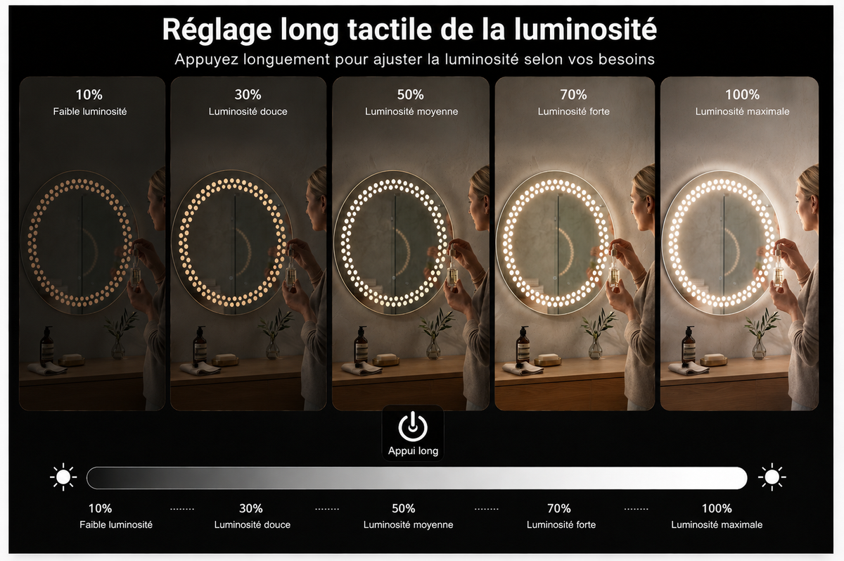 Miroir LED Mural Rond 89 cm — Motif Points Lumineux — 3 Températures Tactile — Cadre Aluminium Noir 