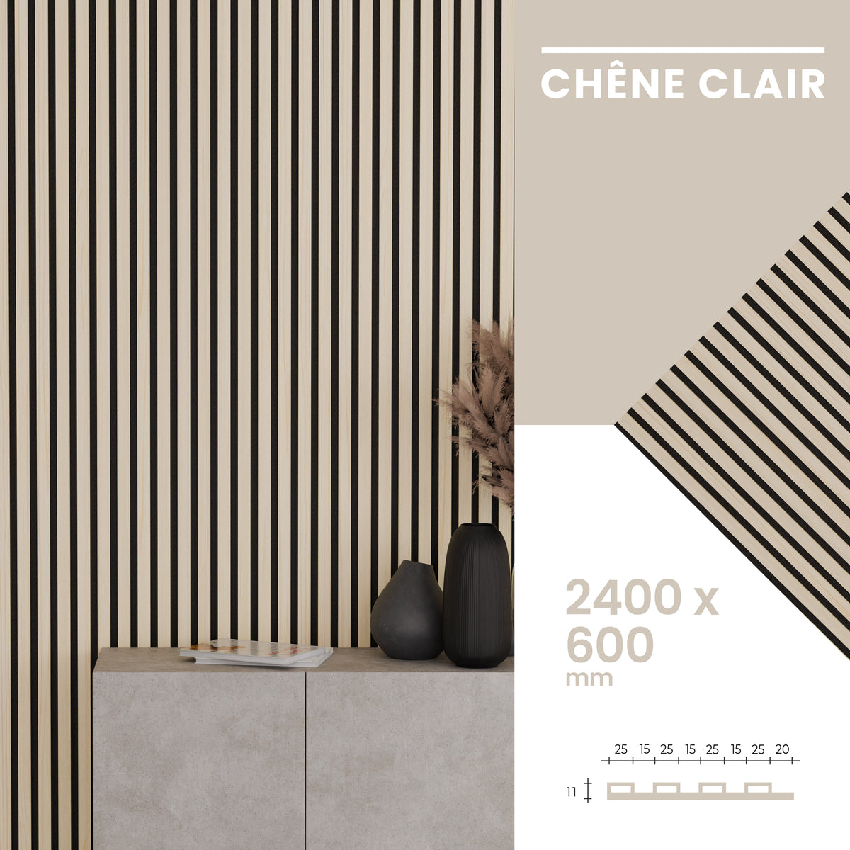 Panneaux Acoustiques Chêne Clair – 240x60 – 11 mm – Lot de 4