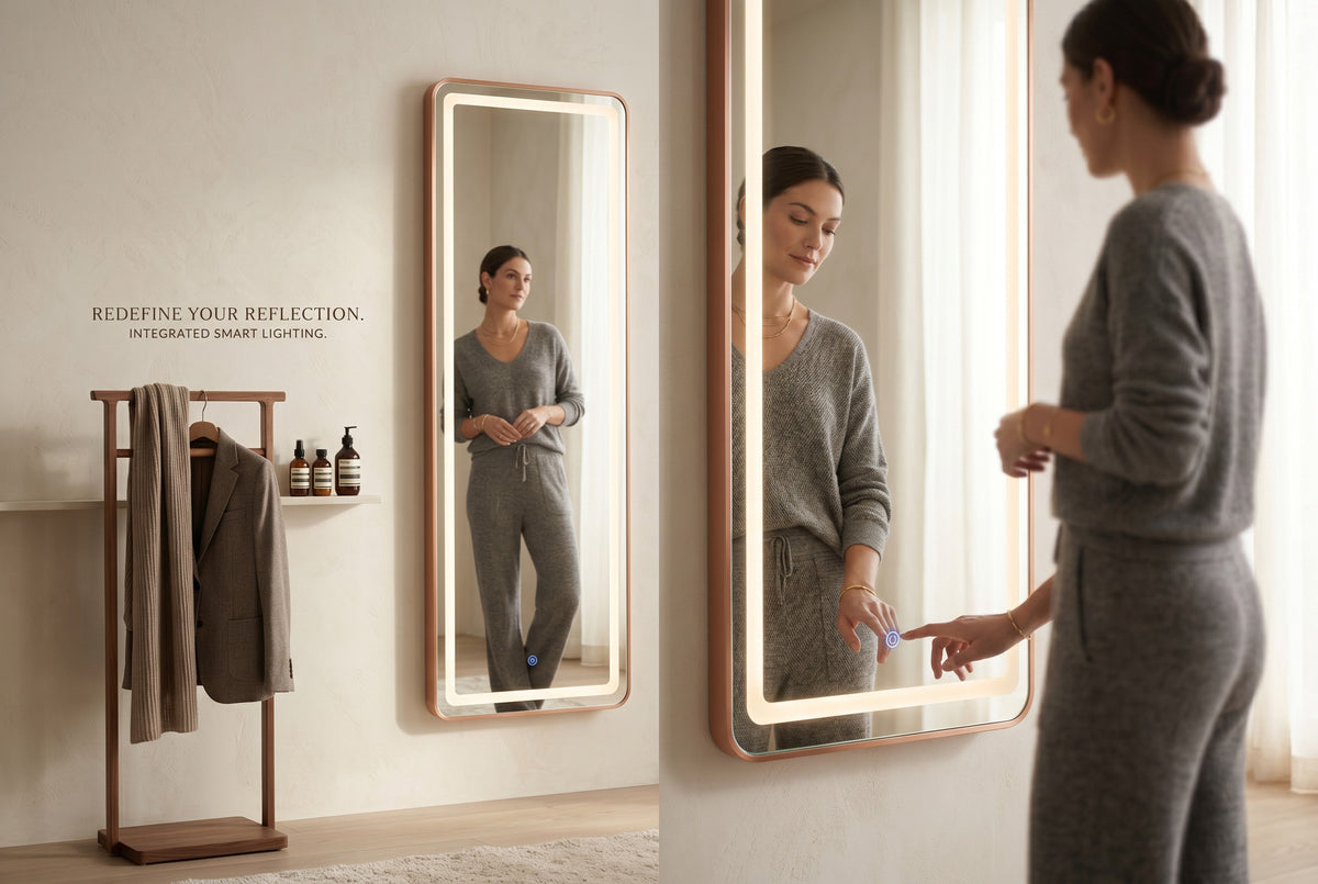 Miroir LED Mural Pleine Longueur 160×59 cm — 3 Températures Tactile — Cadre Bronze