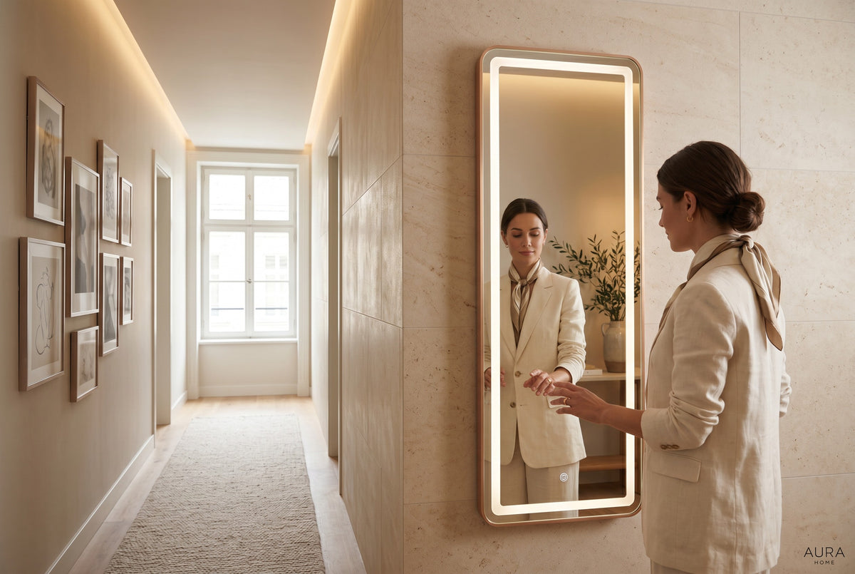 Miroir LED Mural Pleine Longueur 160×59 cm — 3 Températures Tactile — Cadre Bronze