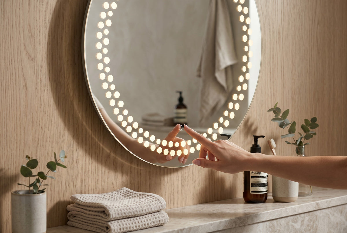 Miroir LED Mural Rond 89 cm — Motif Points Lumineux — 3 Températures Tactile — Cadre Aluminium Noir 