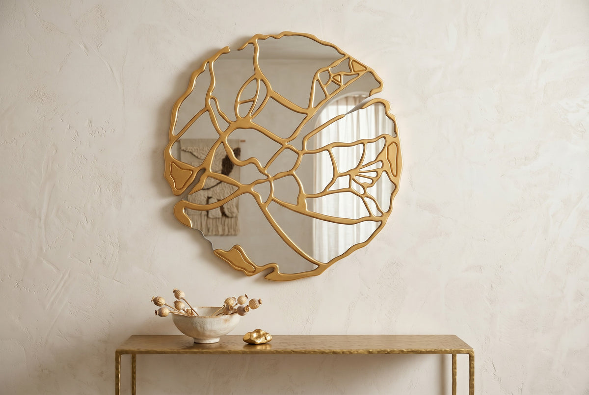 Miroir Mural Rond 89 cm — Cadre Bois Doré Motif Floral — Design Luxe