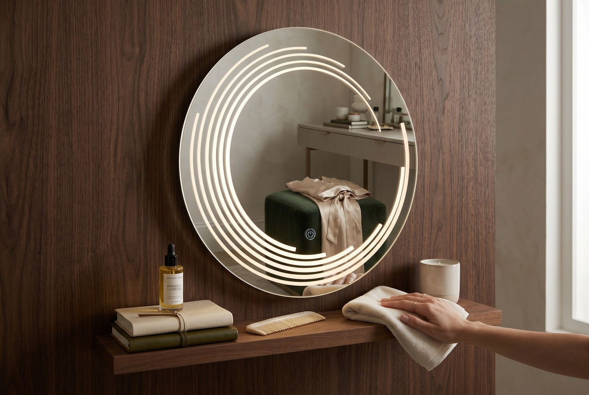 Miroir LED Mural Rond 89 cm — Bandes Vagues Gravées — 3 Températures Tactile — Cadre Aluminium Noir