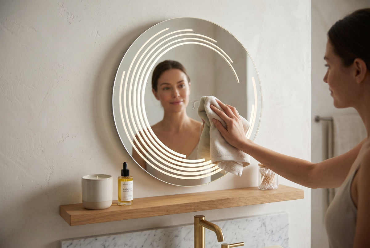 Miroir LED Mural Rond 89 cm — Bandes Vagues Gravées — 3 Températures Tactile — Cadre Aluminium Noir