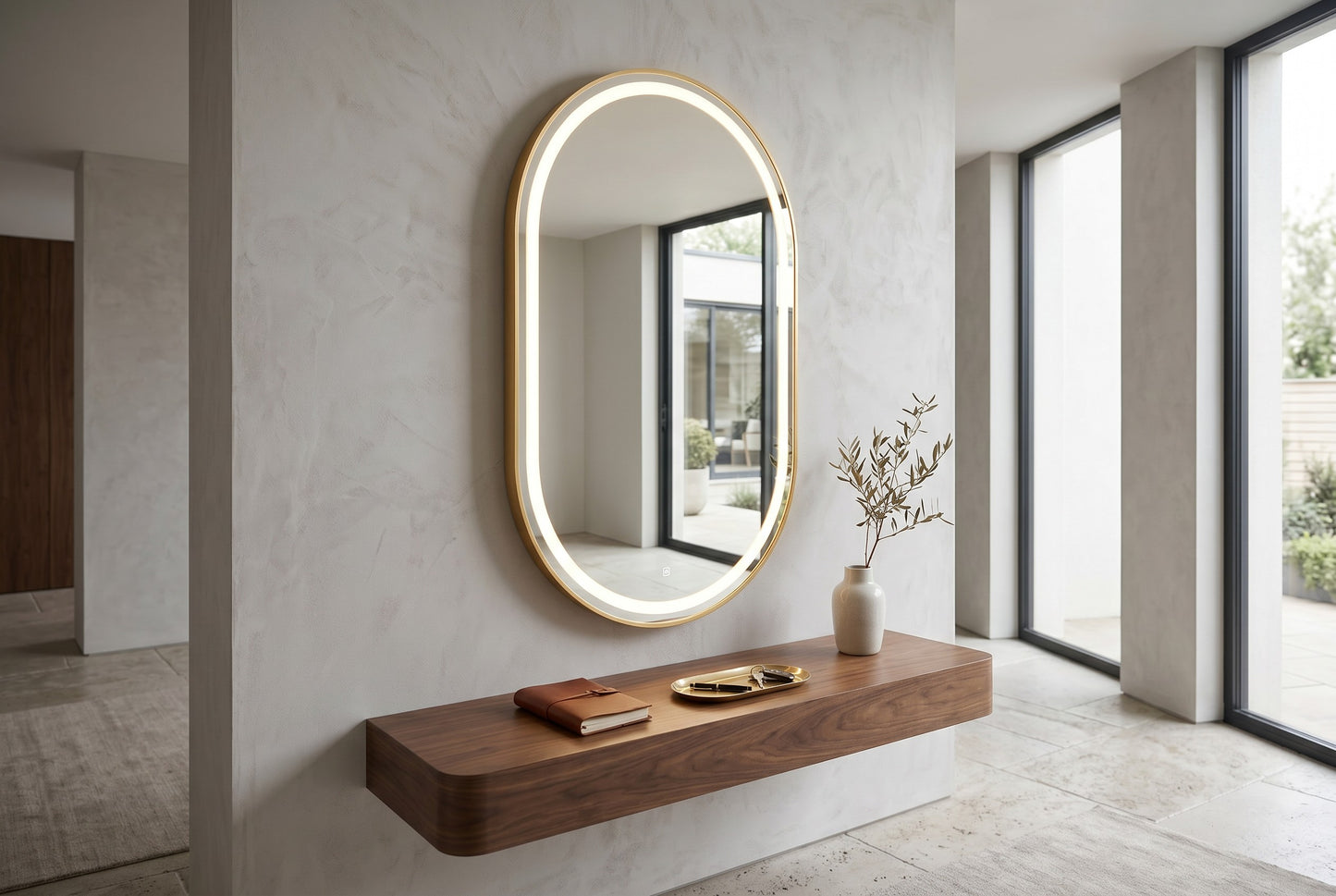 Miroir LED Mural Ovale 129×89 cm — Cadre Aluminium Bronze — 3 Températures Tactile — Style Contempor