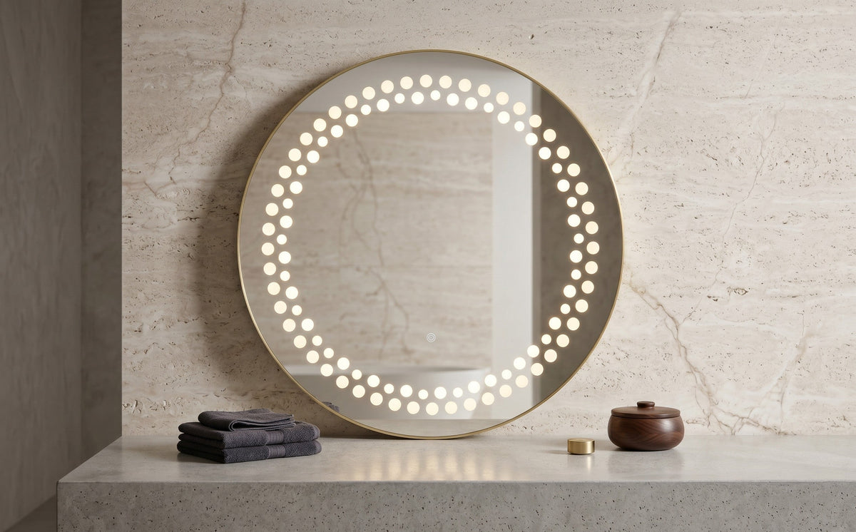 Miroir LED Mural Rond 89 cm — Motif Points Lumineux — 3 Températures Tactile — Cadre Aluminium Noir 